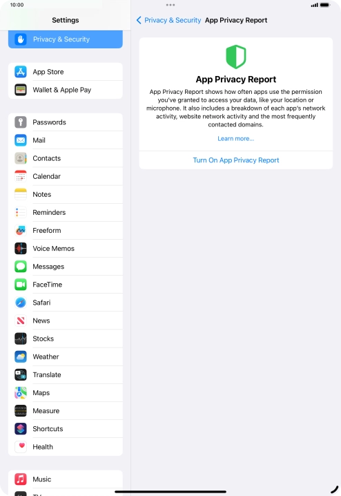 Press Turn On App Privacy Report to turn on the function.