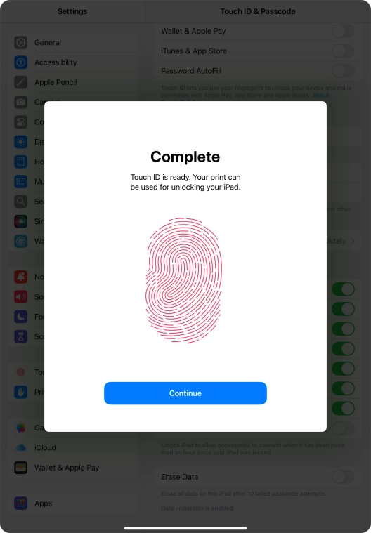 Press Continue. If you haven't previously selected a lock code, key in a code of your own choice twice.