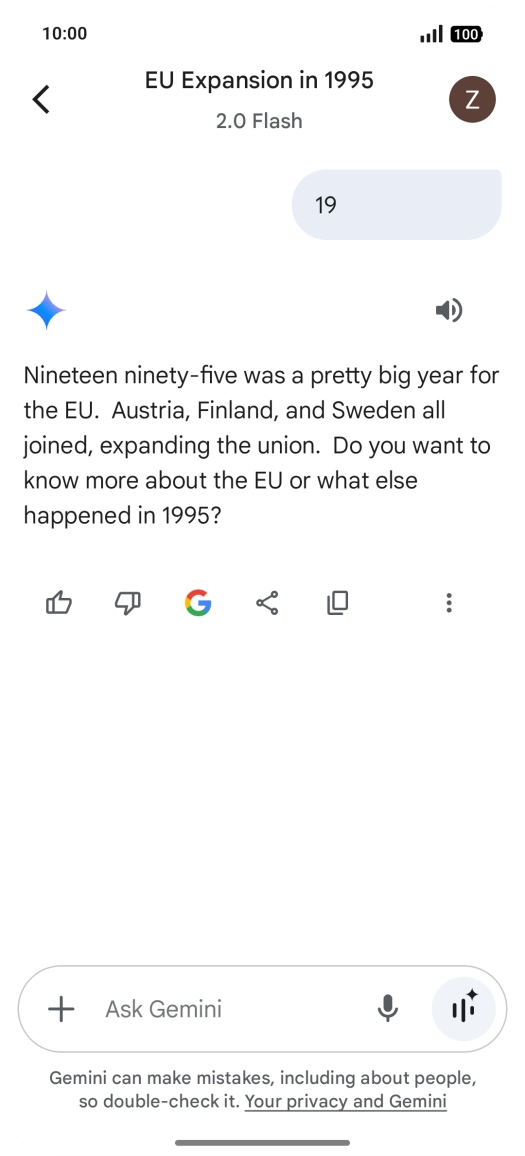 Transcription of the conversation with Gemini Live is now displayed.