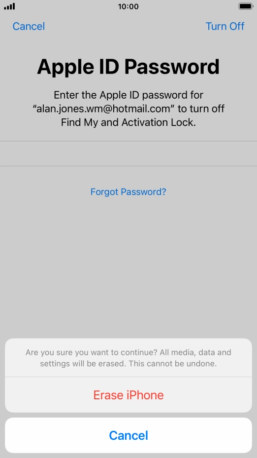 Key in the password for your Apple ID and press Erase iPhone. Wait a moment while the factory default settings are restored. Follow the instructions on the screen to set up your phone and prepare it for use.