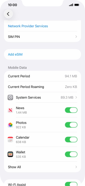 Press the indicators next to the required applications to turn the function on or off.
