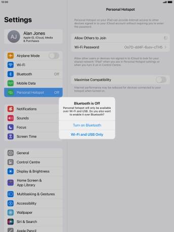 If Wi-Fi is turned on, press Wi-Fi and USB Only.