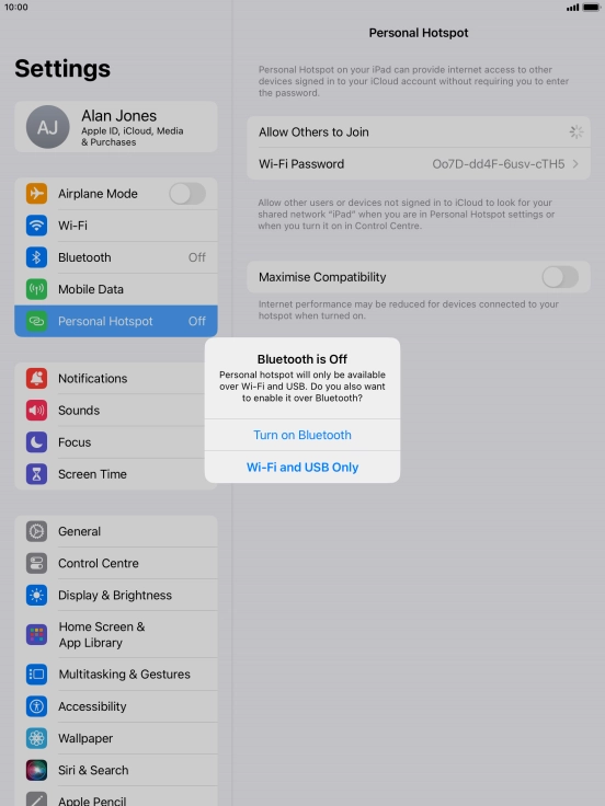 If Wi-Fi is turned on, press Wi-Fi and USB Only.