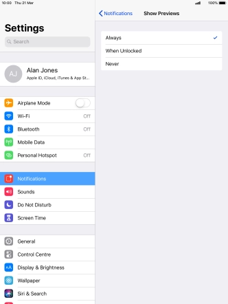 To select notification preview on the lock screen, press Always.