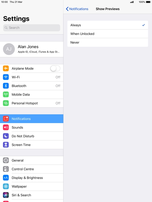 To select notification preview on the lock screen, press Always.