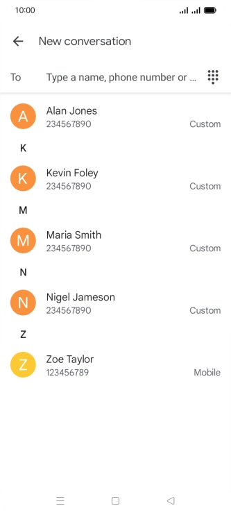 Press the search field and key in the first letters of the recipient's name.