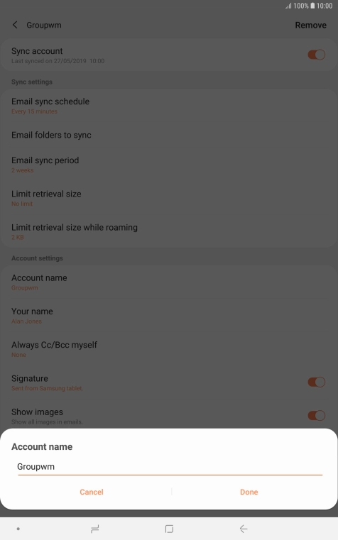 Key in the required name for the email account and press Done.