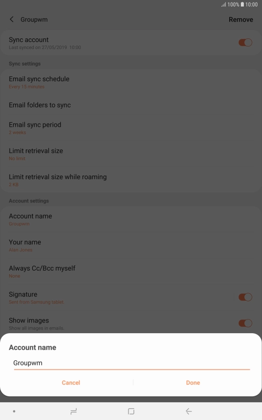 Key in the required name for the email account and press Done.