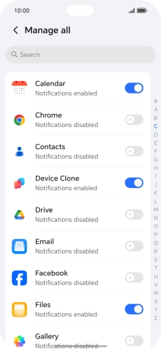 Press the indicators next to the required apps to turn the function on or off.