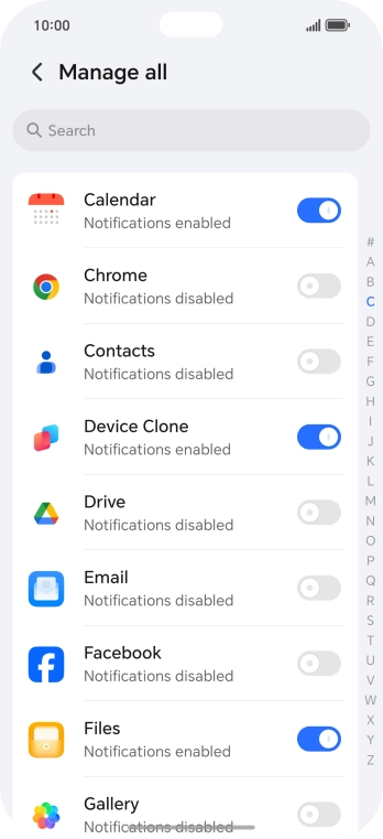 Press the indicators next to the required apps to turn the function on or off.