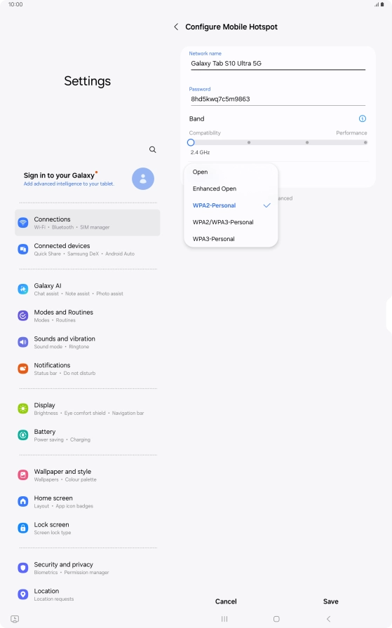 Press WPA3-Personal to password protect your Wi-Fi hotspot.