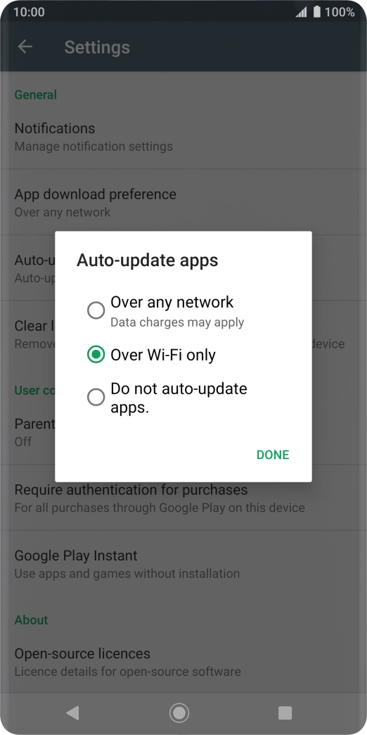 To turn on automatic update of apps using mobile network, press Over any network Data charges may apply.