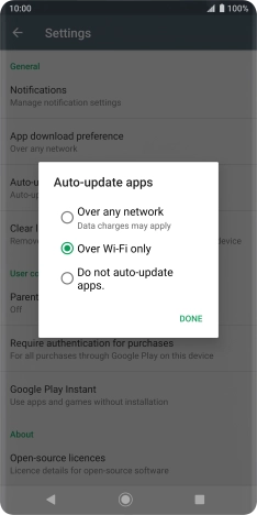 To turn on automatic update of apps using mobile network, press Over any network Data charges may apply.