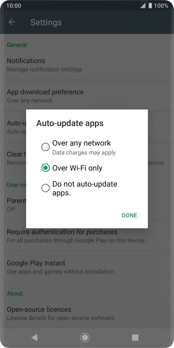 To turn on automatic update of apps using mobile network, press Over any network Data charges may apply.