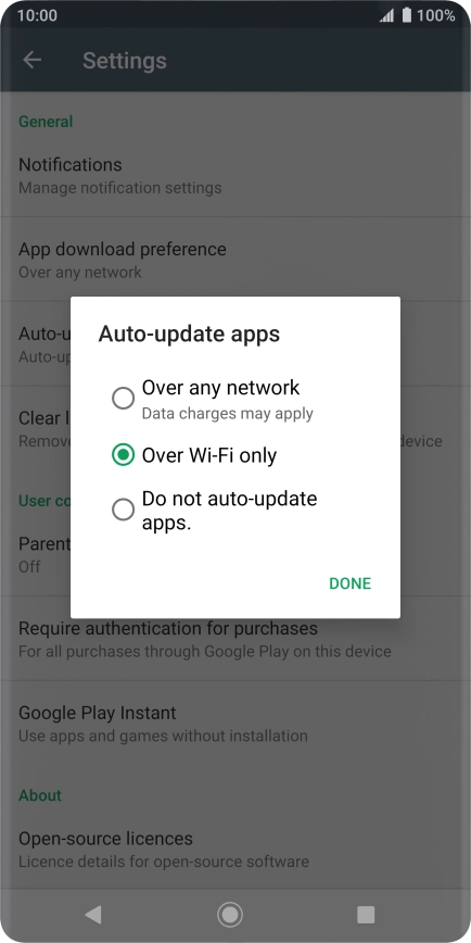 To turn on automatic update of apps using mobile network, press Over any network Data charges may apply.