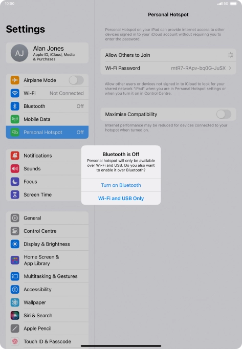 If Wi-Fi is turned on, press Wi-Fi and USB Only.