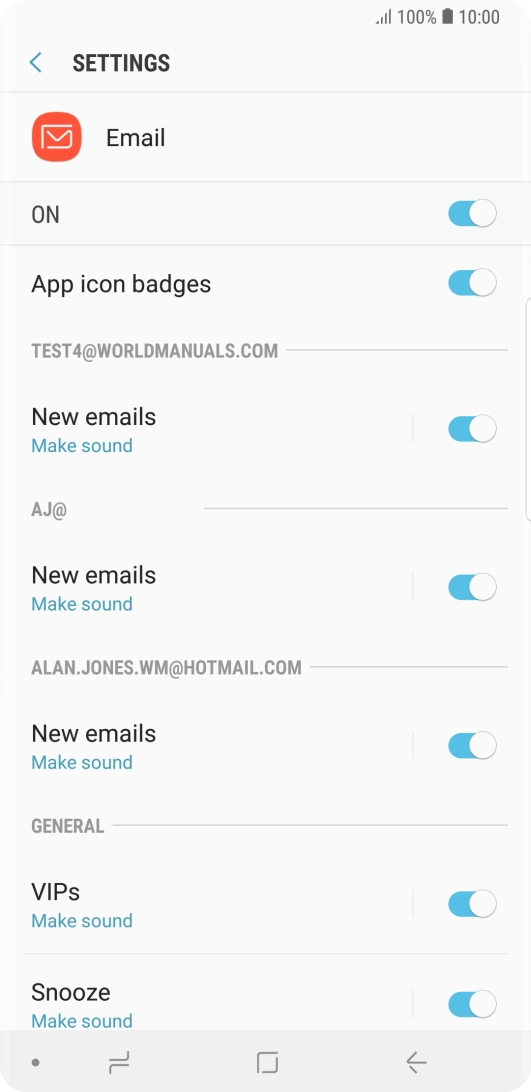 Press the indicator next to the required email account to turn the function on or off.