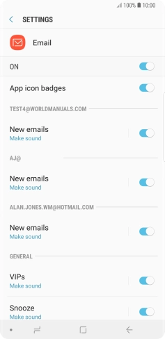 Press the indicator next to the required email account to turn the function on or off.