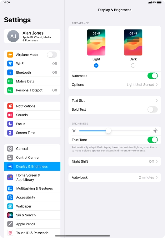 If you turn on the function, press Options and follow the instructions on the screen to select the required period of time for Dark Mode.