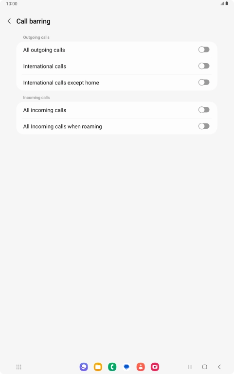 Press the indicator next to the required barring type to turn the function on or off.