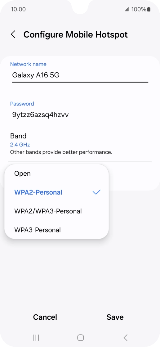 Press WPA3-Personal to password protect your Wi-Fi hotspot.