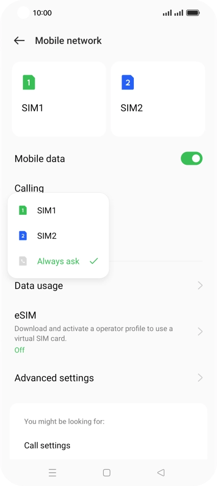 Press the required setting.