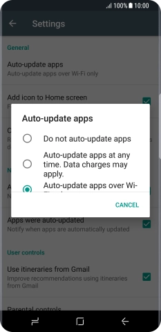 To turn on automatic update of apps using mobile network, press Auto-update apps at any time. Data charges may apply..
