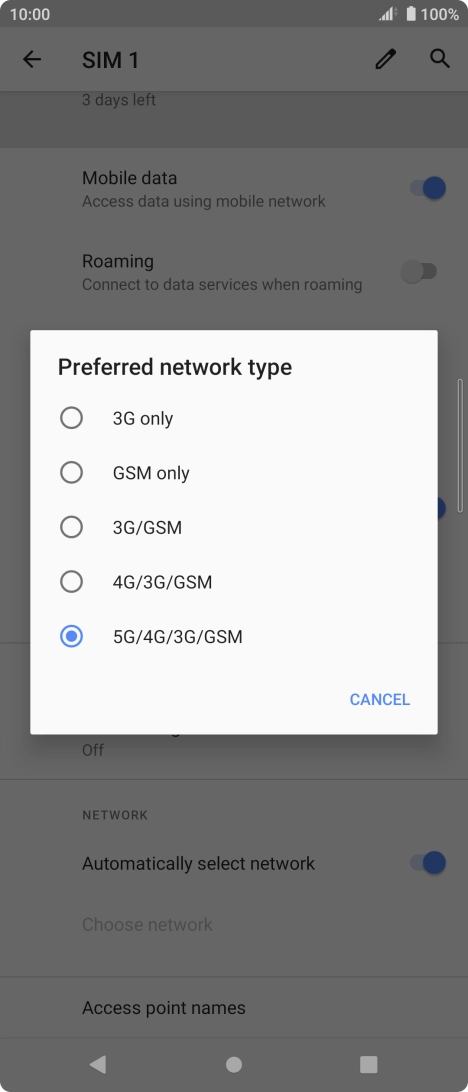 Press the required network mode.