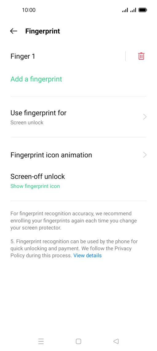 Press the delete icon next to the required fingerprint.