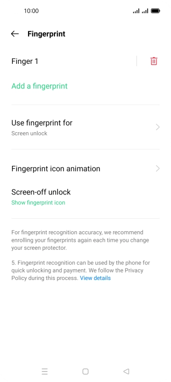 Press the delete icon next to the required fingerprint.