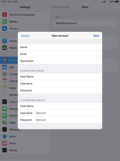Press Username and key in the username for your email account.