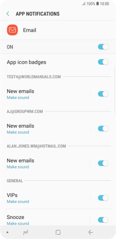 Press the indicator next to the required email account to turn the function on or off.