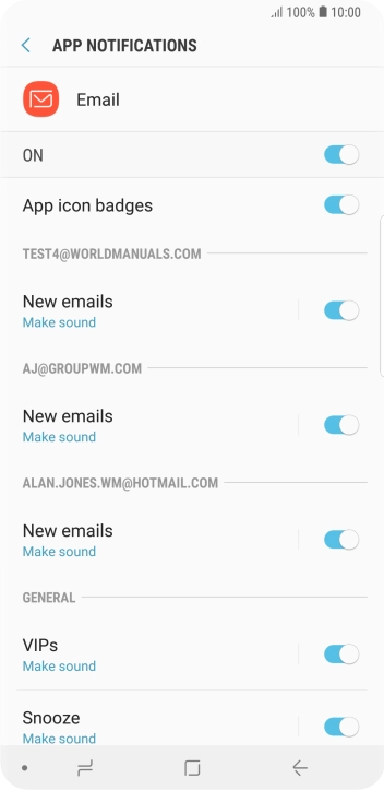 Press the indicator next to the required email account to turn the function on or off.