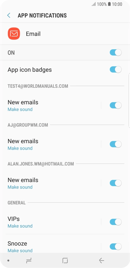 Press the indicator next to the required email account to turn the function on or off.