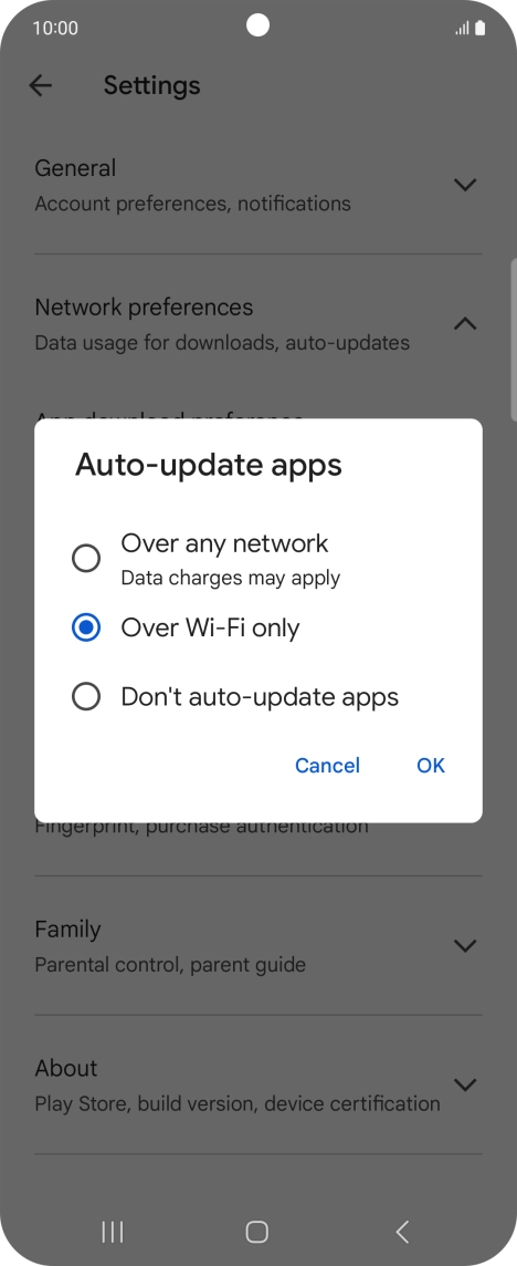 To turn on automatic update of apps using mobile network, press Over any network.