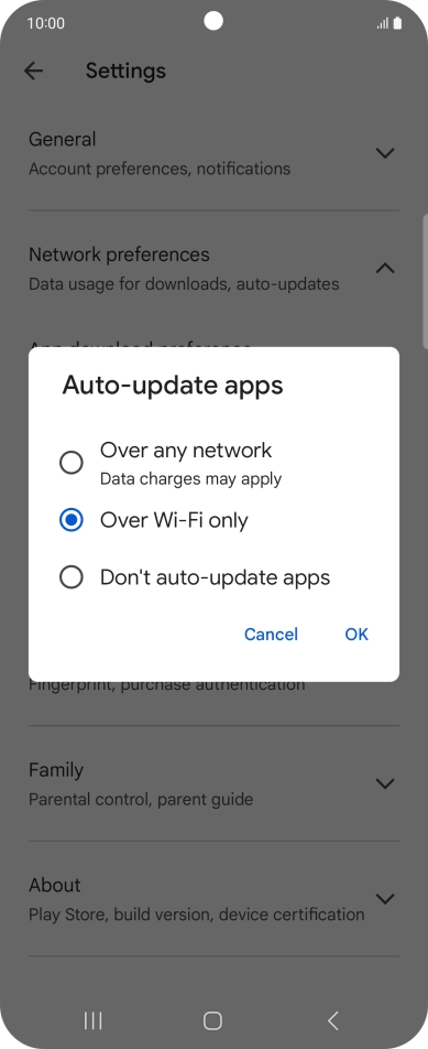 To turn on automatic update of apps using mobile network, press Over any network.