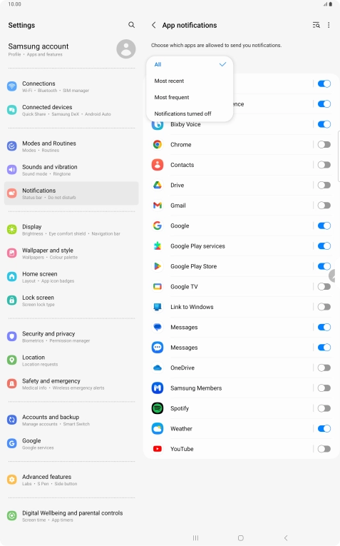 Press the required setting.