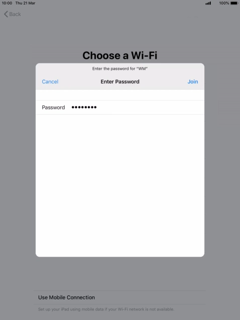 Key in the password for the Wi-Fi network and press Join.