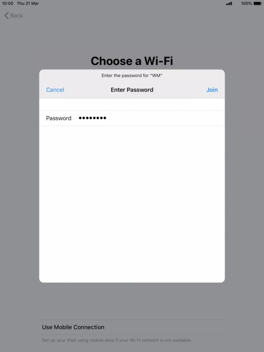 Key in the password for the Wi-Fi network and press Join.