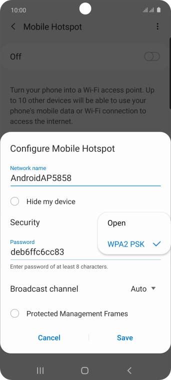 Press WPA2 PSK to password protect your Wi-Fi hotspot.