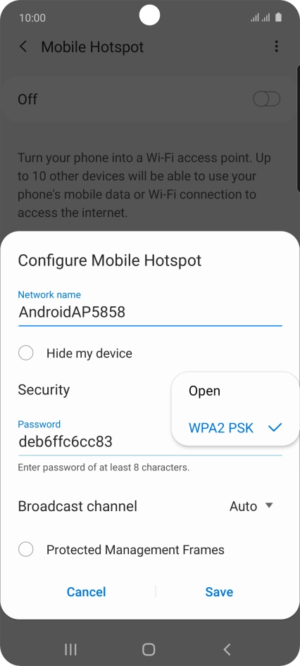 Press WPA2 PSK to password protect your Wi-Fi hotspot.