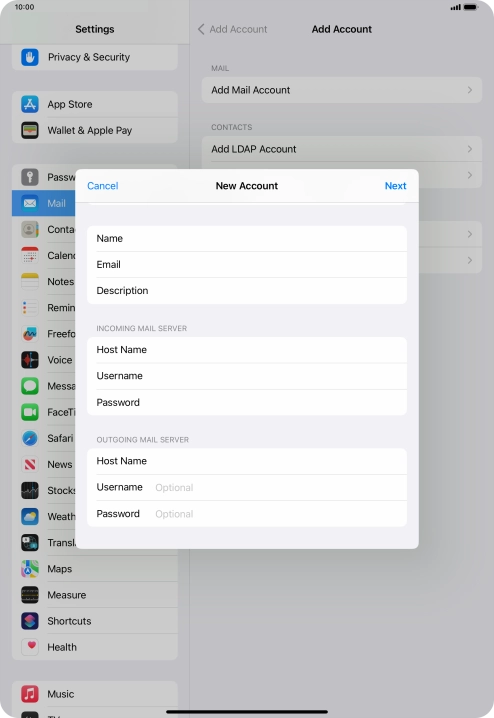 Press Username and key in the username for your email account.