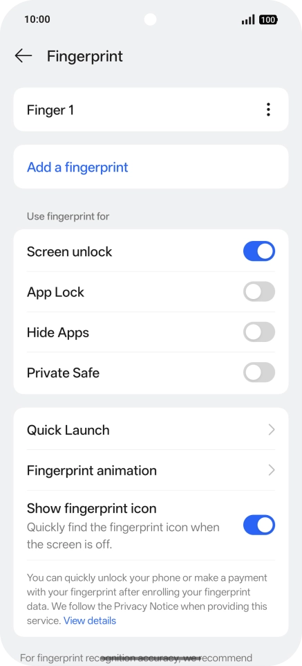 Press the required setting.