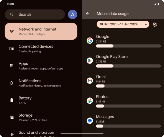 The data usage for each application is displayed below the name of the application.