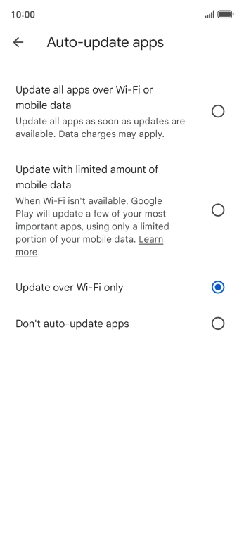 To turn on automatic update of apps using mobile network, press Update all apps over Wi-Fi or mobile data.