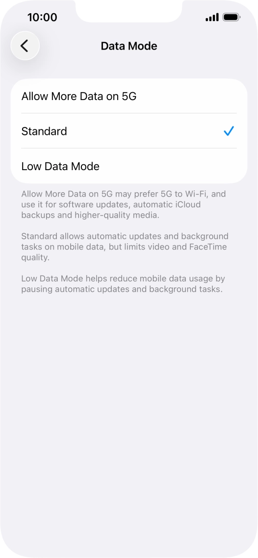 Press the required setting.