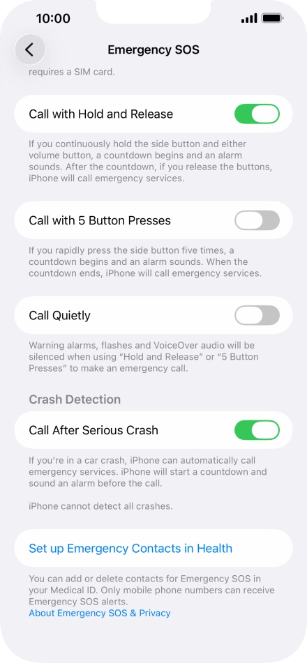 Press Set up Emergency Contacts in Health and follow the instructions on the screen to key in your emergency info and emergency contacts.