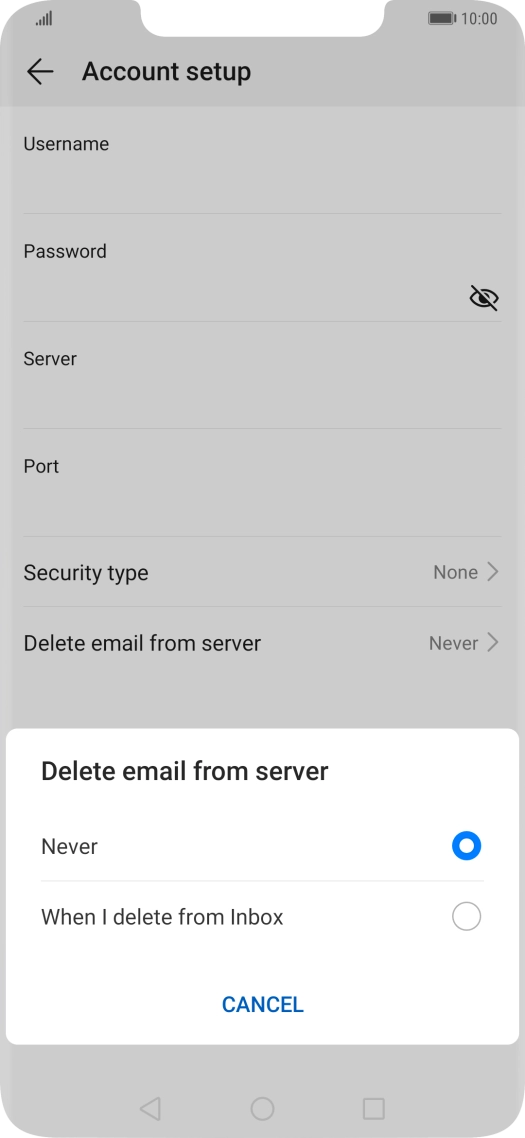 Press Never to keep email messages on the server when you delete them on your phone.