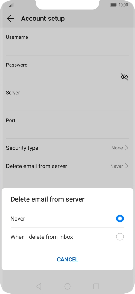 Press Never to keep email messages on the server when you delete them on your phone.