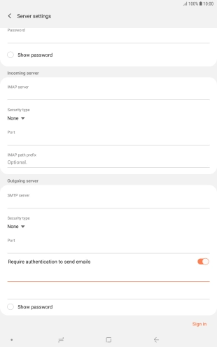 Press the password field and key in the password for your email provider's outgoing server.